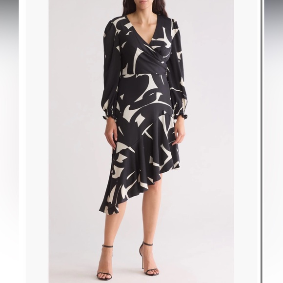 Dkny Dresses & Skirts - DKNY Women’s Black Eggshell Abstract Asymmetrical Hem Long Sleeve Dress